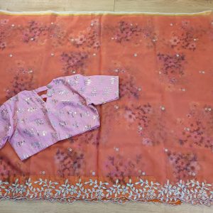 Pure Organza Floral Saree in Orange colour
